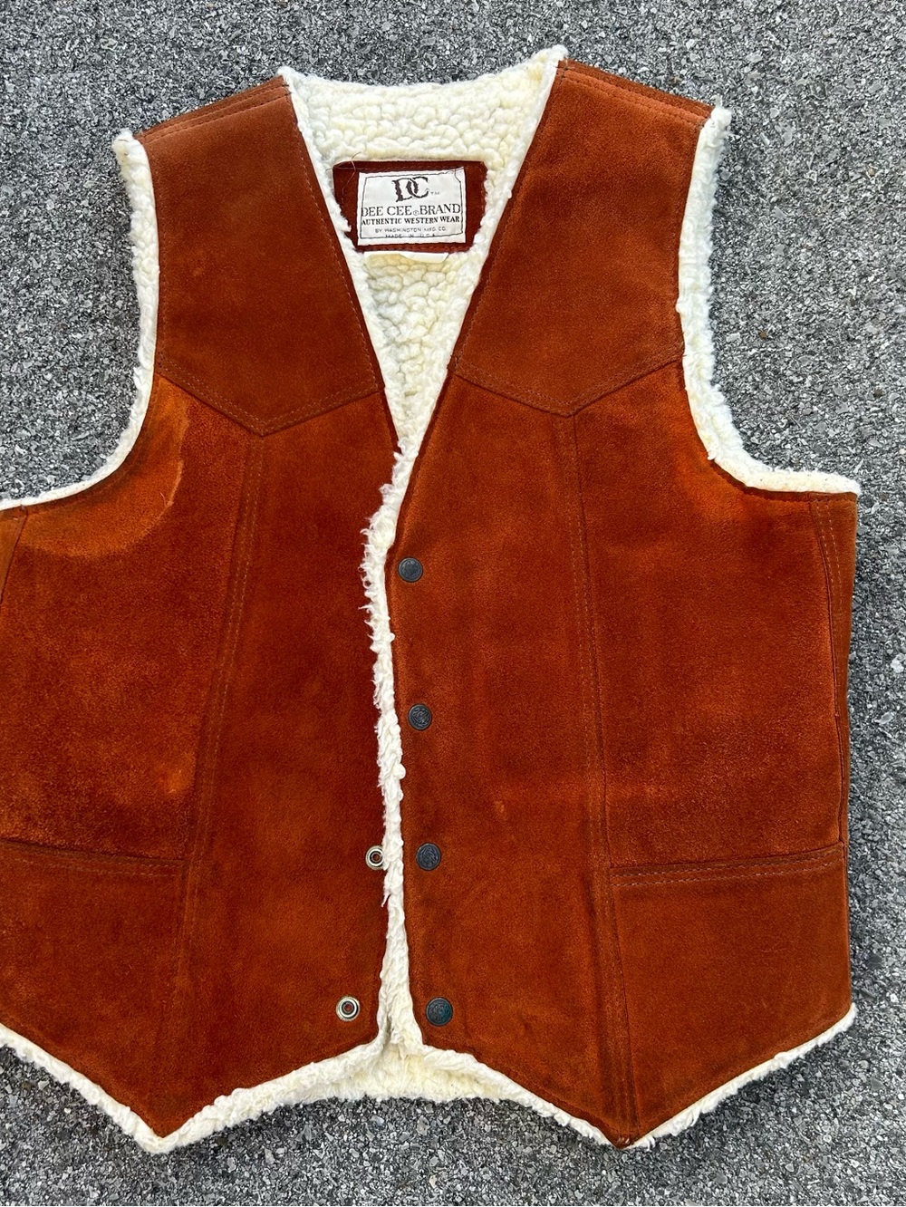Vintage Dee Cee Western Suede Vest M Sherpa Lined Cowboy Rancher Rust Brown USA